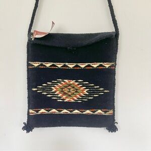 100% Wool Handmade Mexico Navy Blue Patterned Woven Bag Crossbody Spanish Boho